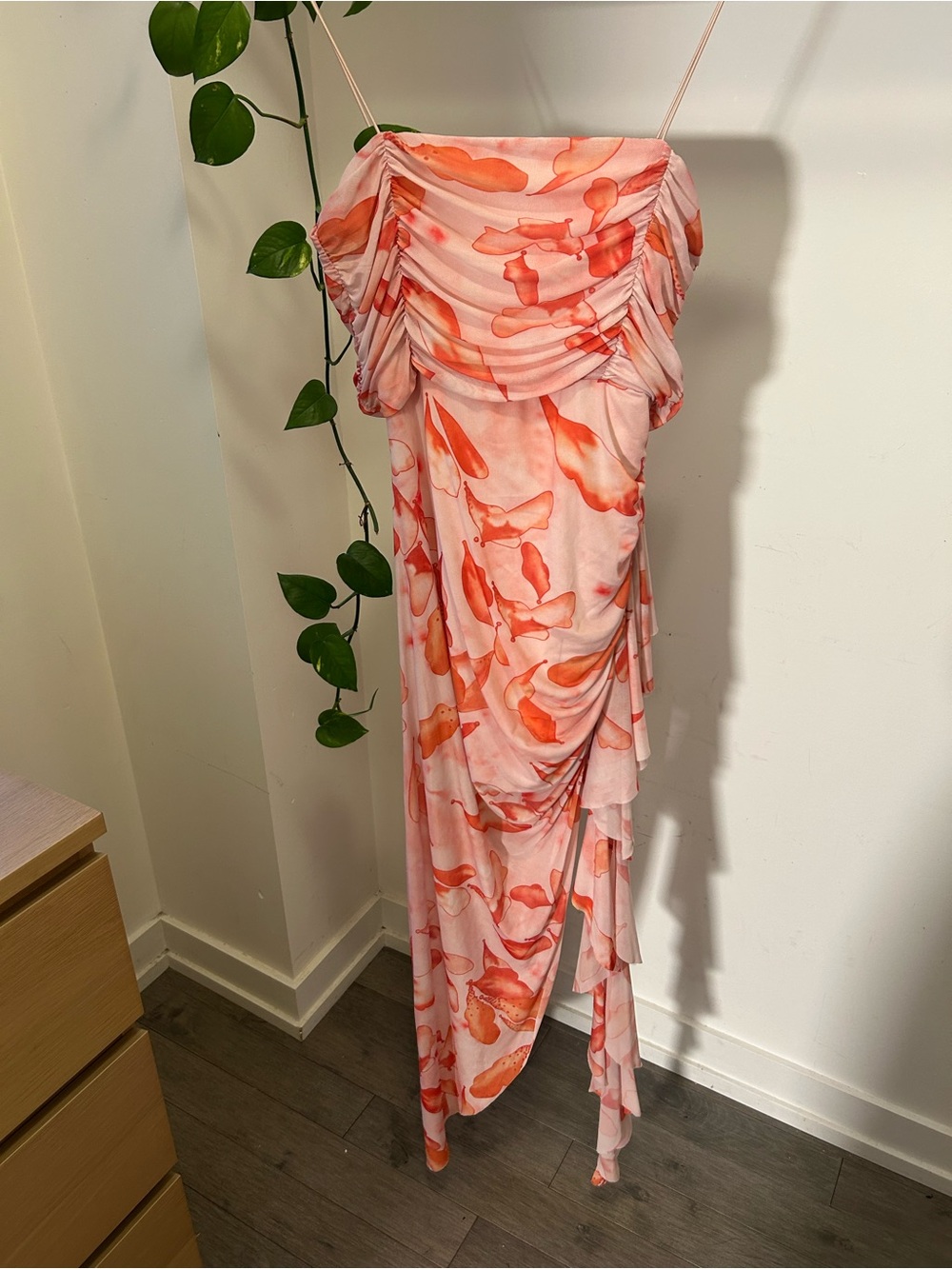 Strapless Pink & Orange Ruched Midi Dress